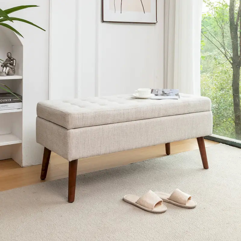 Linen Tufted Storage Bench with Safety Hinge and Wood Legs