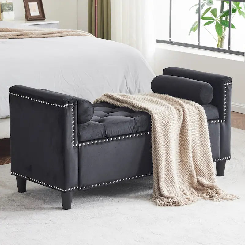 Queen Velvet Tufted Button Upholstered Storage Bench with Armrests and Nailhead Trim