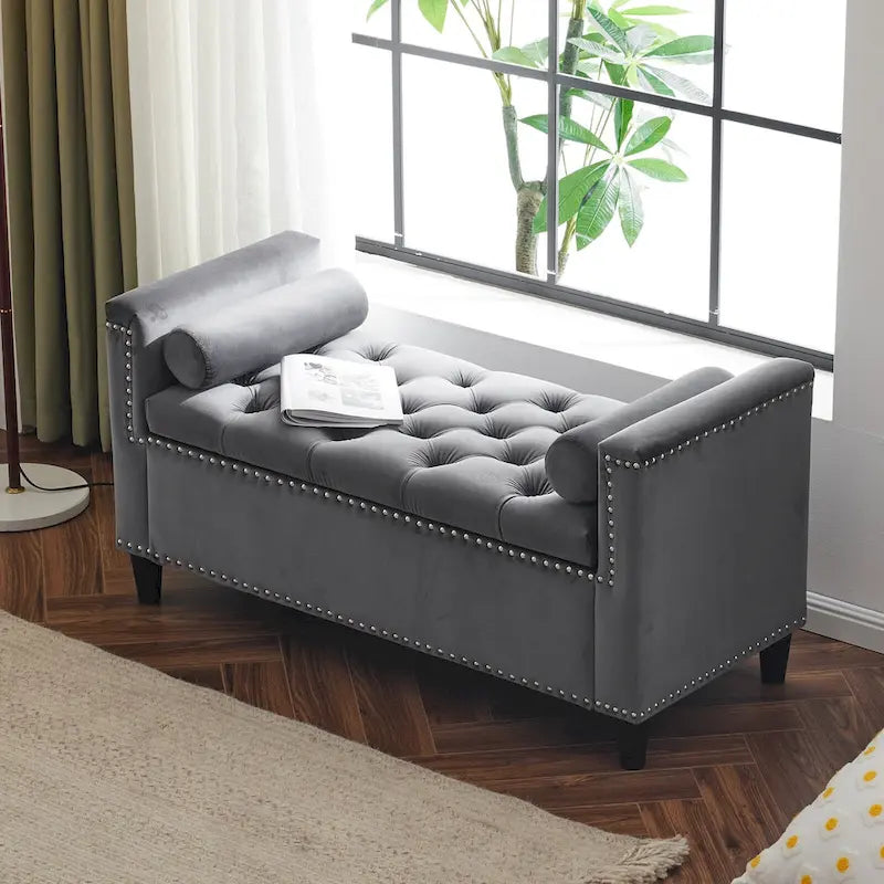 Queen Velvet Tufted Button Upholstered Storage Bench with Armrests and Nailhead Trim
