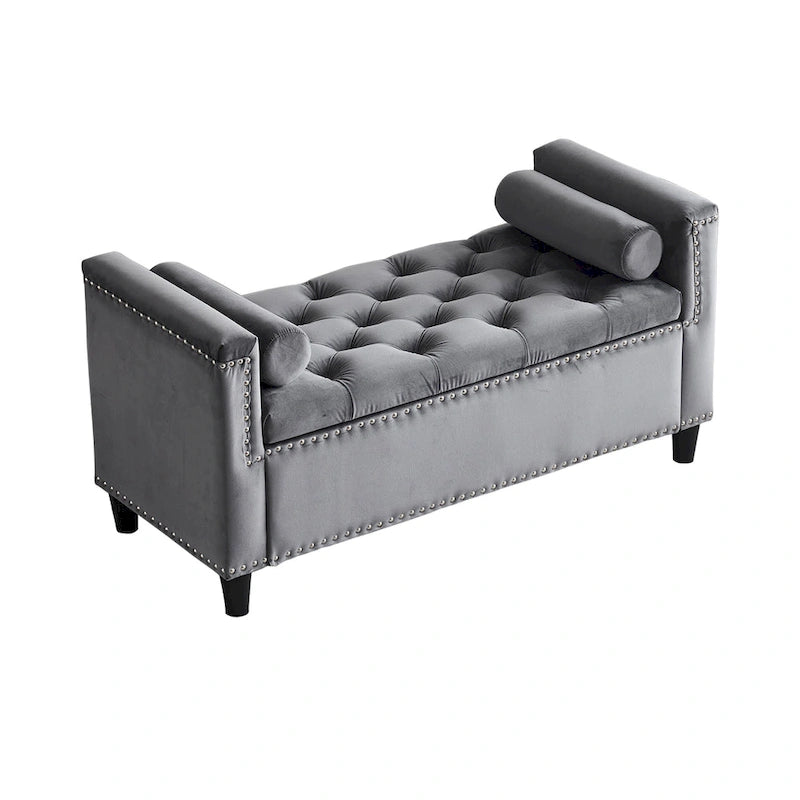 Queen Velvet Tufted Button Upholstered Storage Bench with Armrests and Nailhead Trim