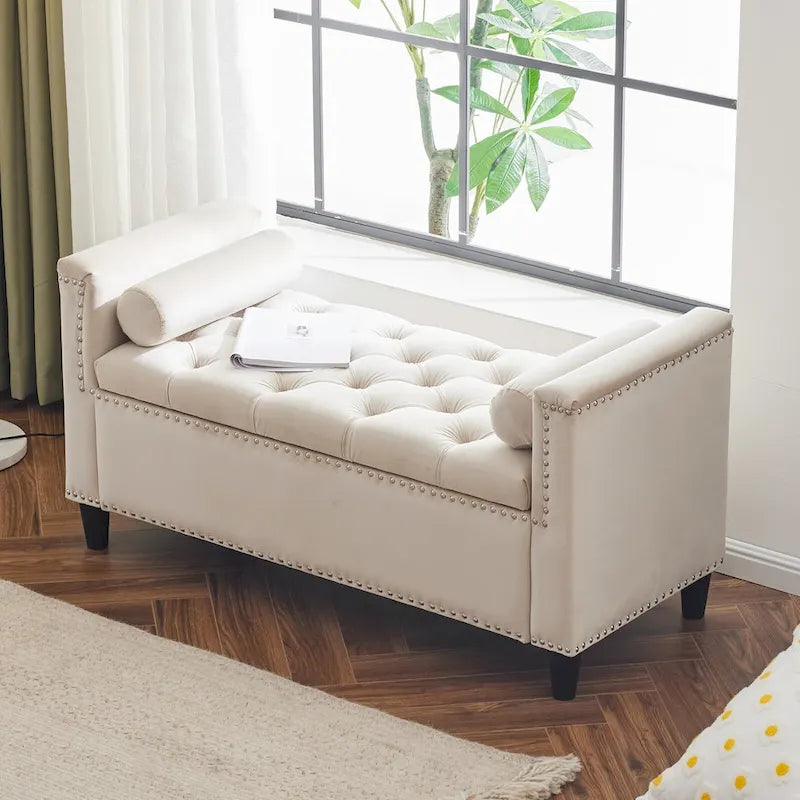 Queen Velvet Tufted Button Upholstered Storage Bench with Armrests and Nailhead Trim