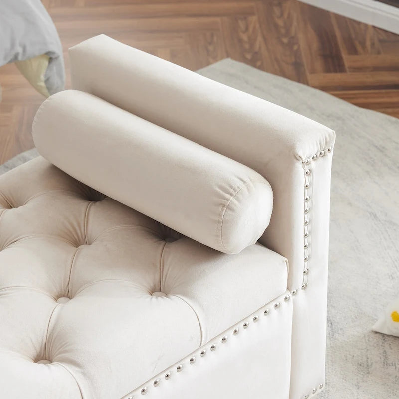 Queen Velvet Tufted Button Upholstered Storage Bench with Armrests and Nailhead Trim