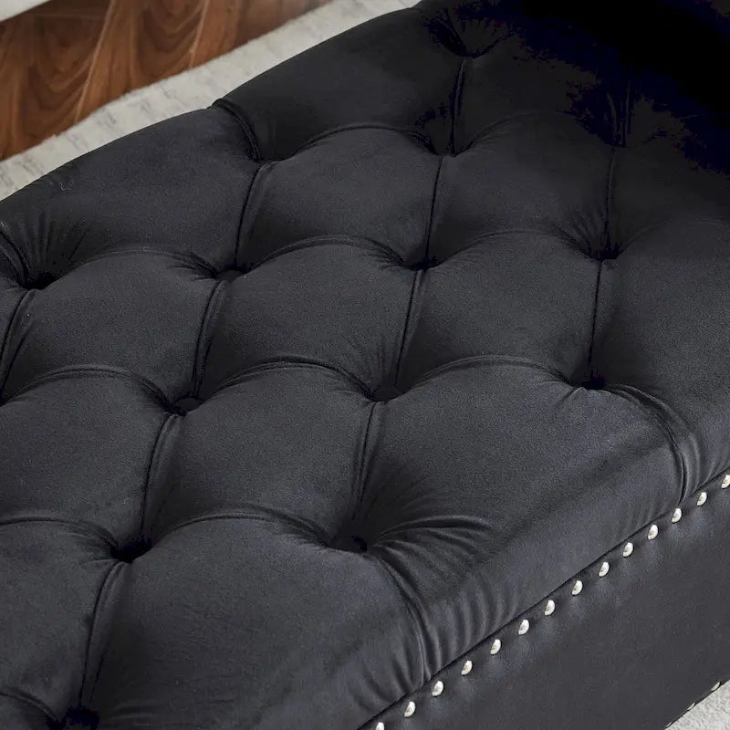 Queen Velvet Tufted Button Upholstered Storage Bench with Armrests and Nailhead Trim