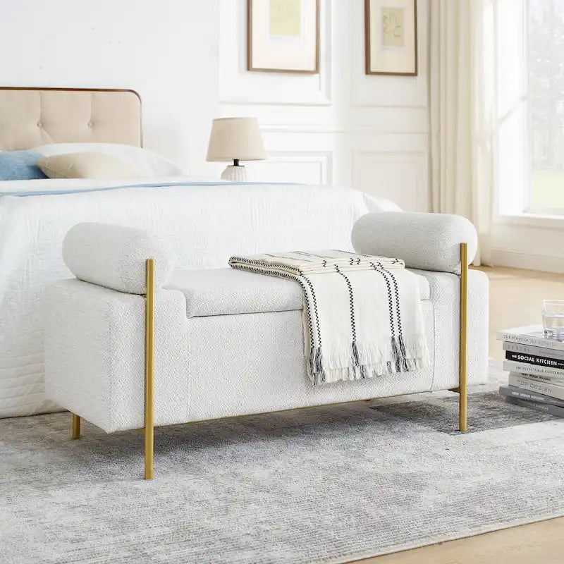 Upholstered Linen Storage Bench with Cylindrical Arms and Gold Metal Legs