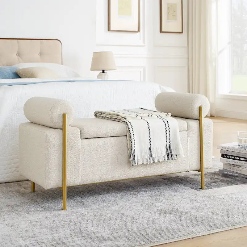 Upholstered Linen Storage Bench with Cylindrical Arms and Gold Metal Legs