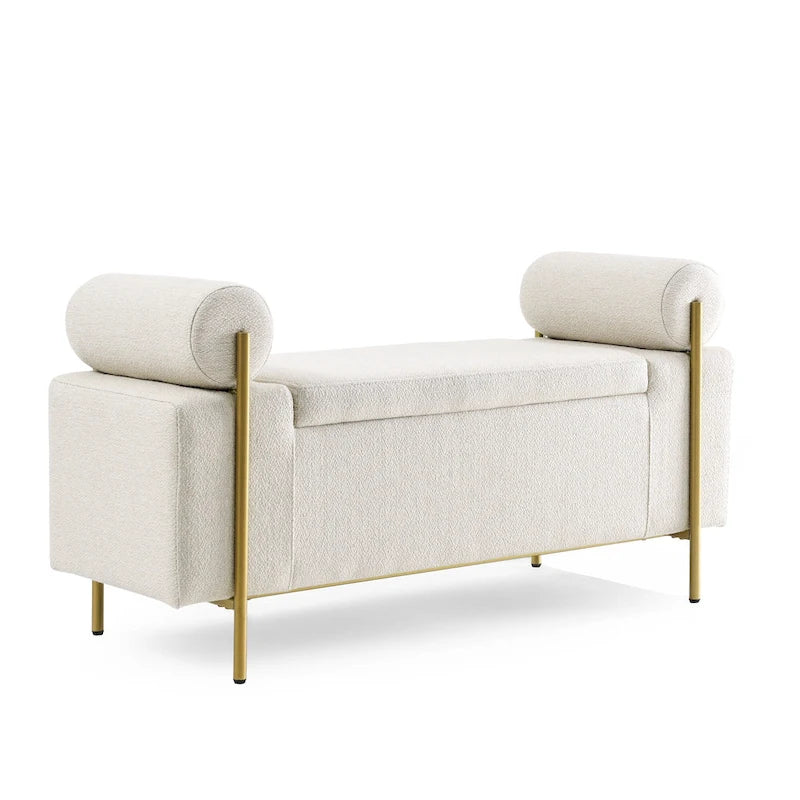 Upholstered Linen Storage Bench with Cylindrical Arms and Gold Metal Legs