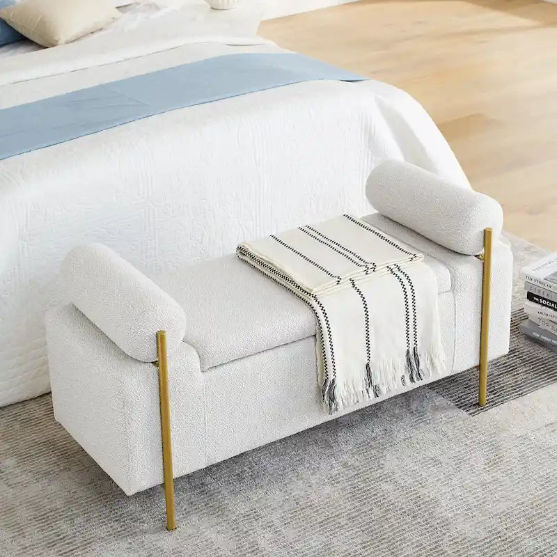 Upholstered Linen Storage Bench with Cylindrical Arms and Gold Metal Legs