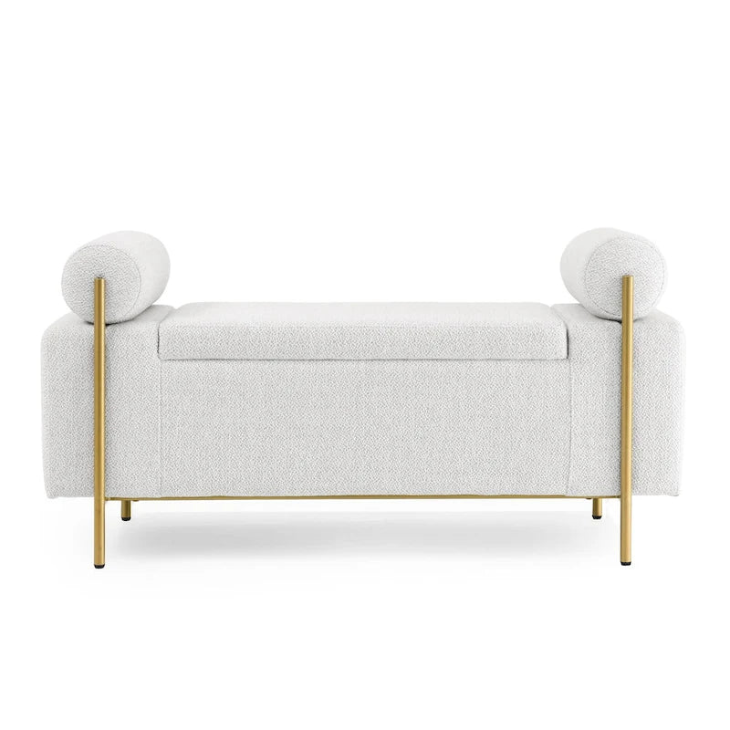 Upholstered Linen Storage Bench with Cylindrical Arms and Gold Metal Legs