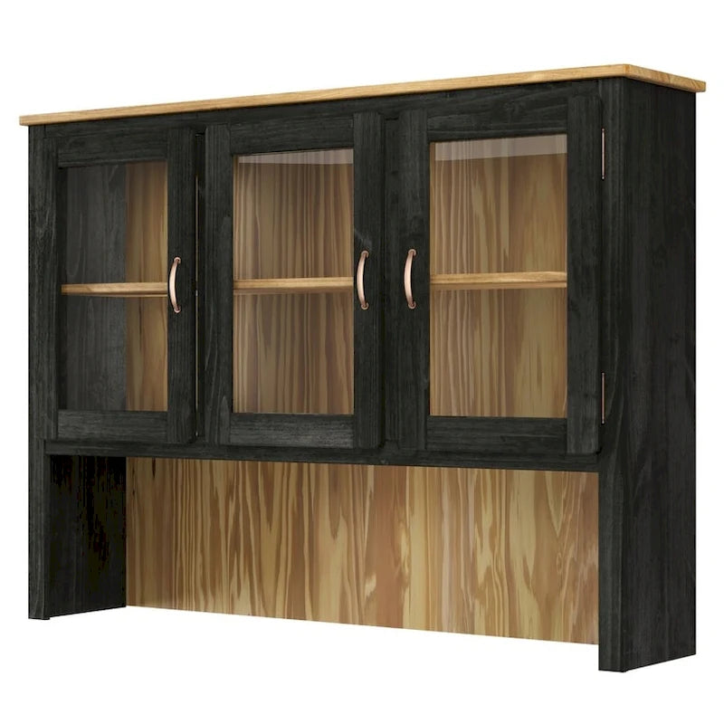 Rustikaler Esszimmeraufsatzschrank aus massivem Holz mit offenen Regalen und Stauraum