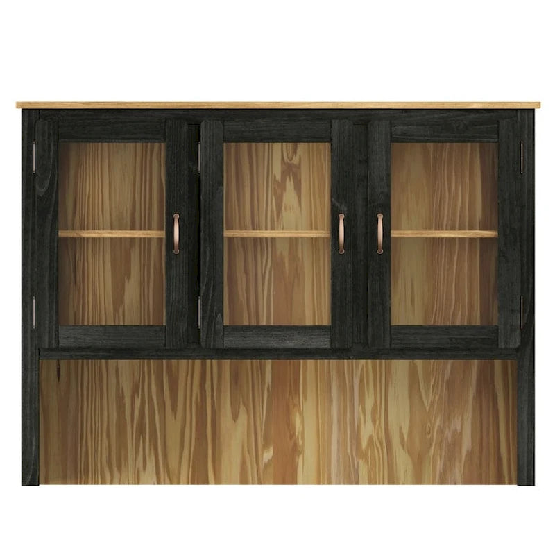 Rustikaler Esszimmeraufsatzschrank aus massivem Holz mit offenen Regalen und Stauraum