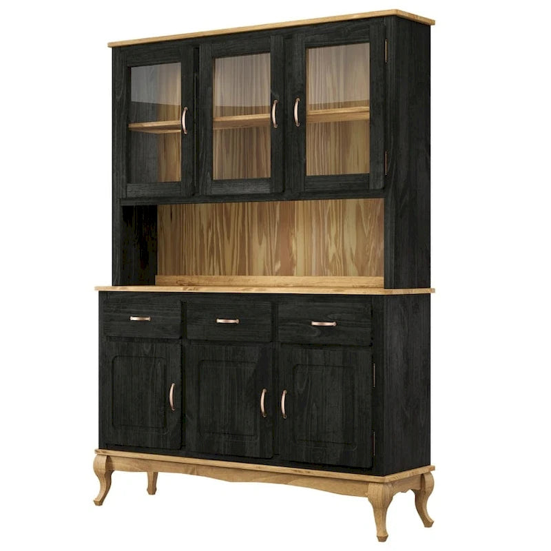 Rustikaler Esszimmeraufsatzschrank aus massivem Holz mit offenen Regalen und Stauraum