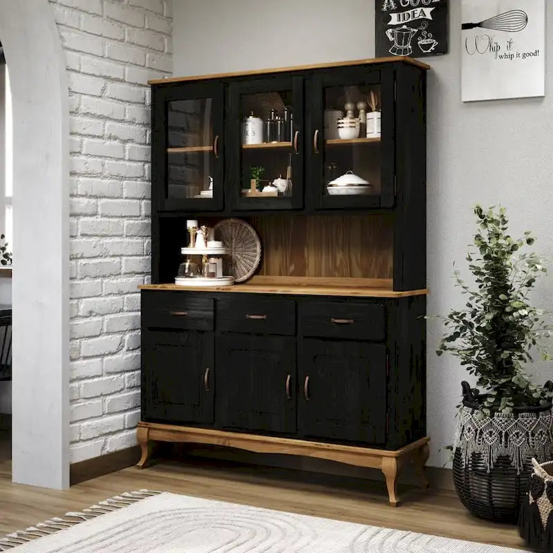 Rustikaler Esszimmeraufsatzschrank aus massivem Holz mit offenen Regalen und Stauraum