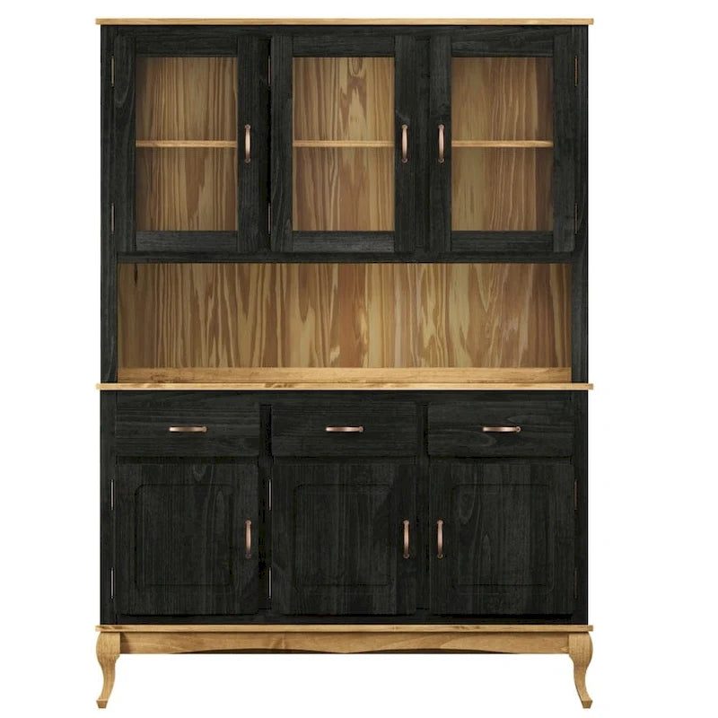 Rustikaler Esszimmeraufsatzschrank aus massivem Holz mit offenen Regalen und Stauraum