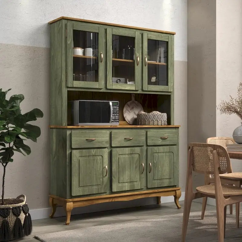Rustikaler Esszimmeraufsatzschrank aus massivem Holz mit offenen Regalen und Stauraum
