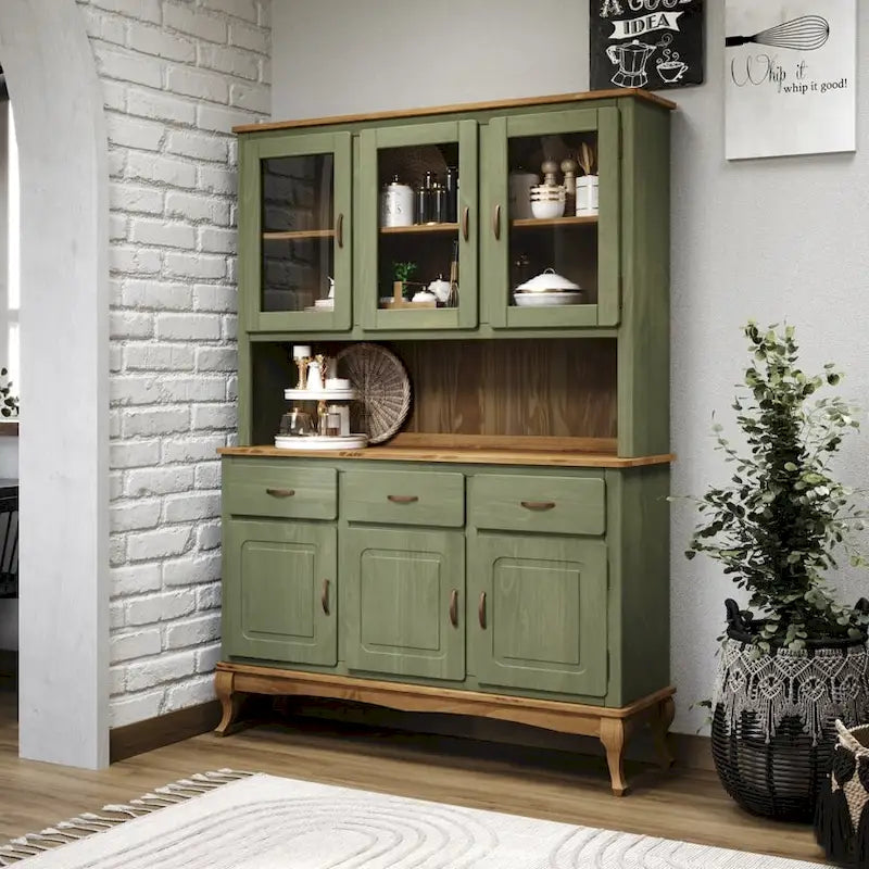 Rustikaler Esszimmeraufsatzschrank aus massivem Holz mit offenen Regalen und Stauraum