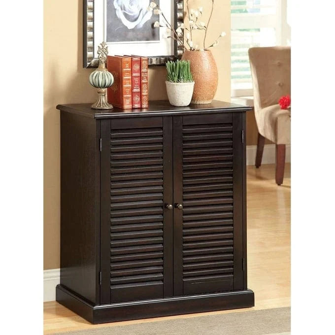 Modern overgangsdesign schoenenkast, 1-delig, espresso-afwerking, verstelbare planken, deuren met lamellen, woningmeubilair, schoenenrek