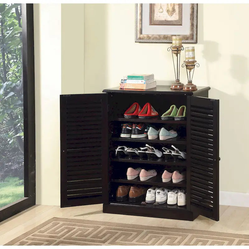 Meuble à chaussures au design moderne et transitionnel, 1 pièce, finition expresso, étagères réglables, portes à persiennes, meuble d'intérieur
