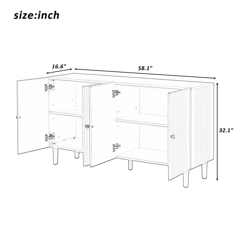 Elegantes Sideboard mit vier Türen, Türen mit Wellenmuster, zylindrischen Beinen und schlichten Metallgriffen