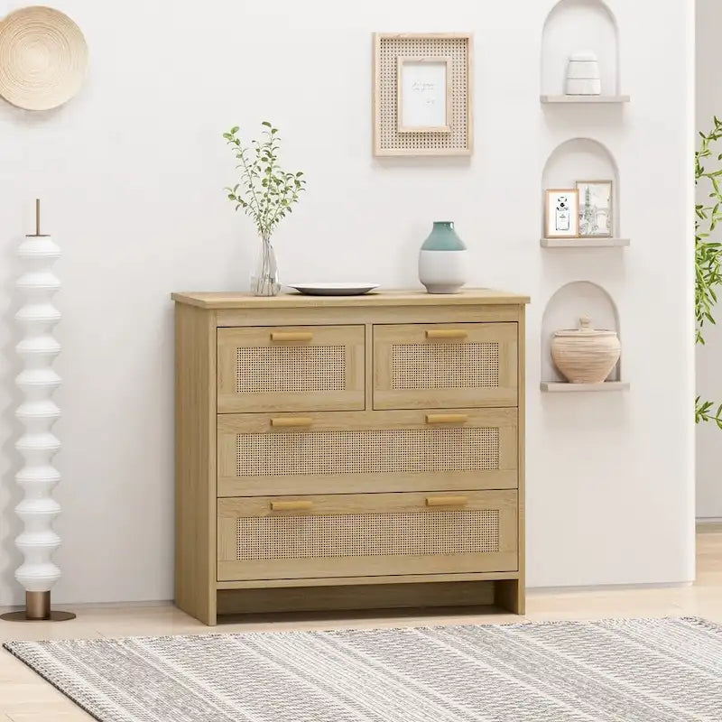 4 Drawers Wood Rattan Cabinet