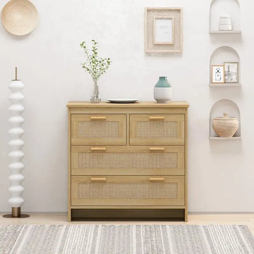 Armário de madeira e rattan com 4 gavetas