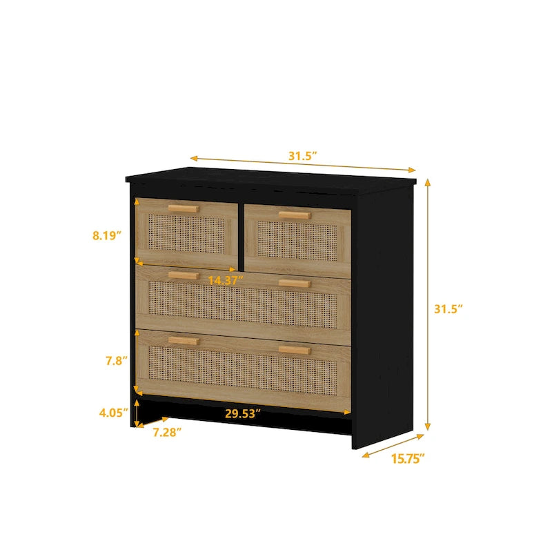 Meuble en bois et rotin à 4 tiroirs