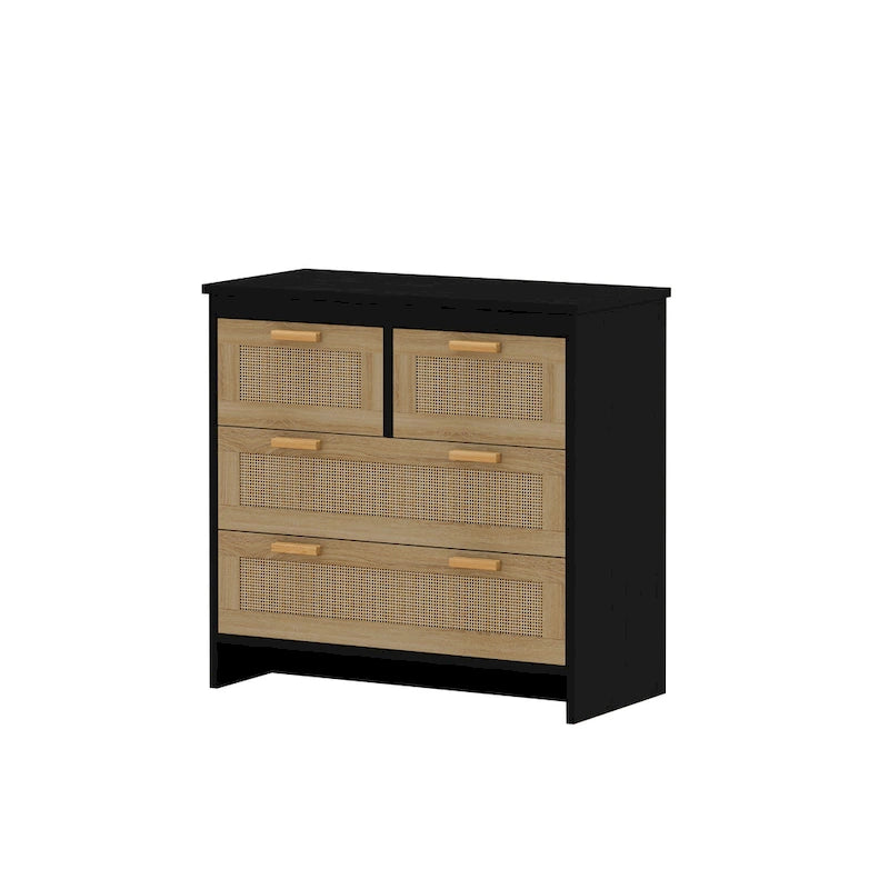 Meuble en bois et rotin à 4 tiroirs