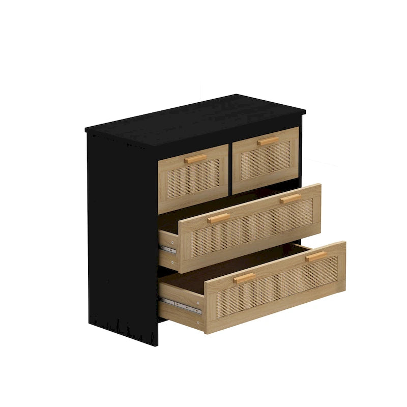 Meuble en bois et rotin à 4 tiroirs