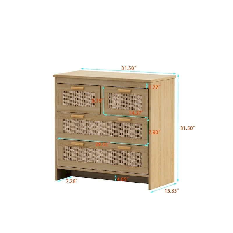 Meuble en bois et rotin à 4 tiroirs