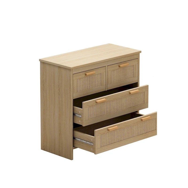 Meuble en bois et rotin à 4 tiroirs
