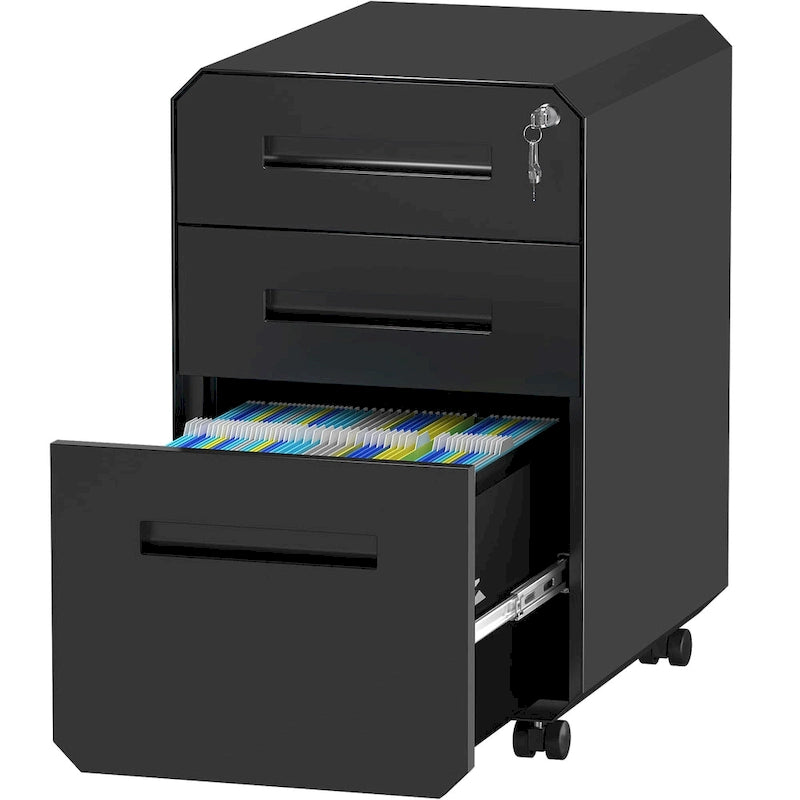 Modern Polygon 3-Drawer Wheeled Steel File Cabinet