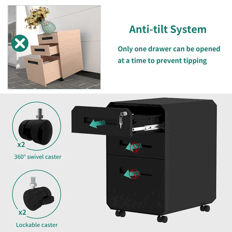 Moderner polygonaler Rollcontainer aus Stahl mit 3 Schubladen