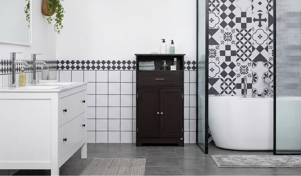 kleankin Modern Bathroom Storage Cabinet Free Standing Cupboard with Drawer and Adjustable Shelf - 11.75*23.5*42.75