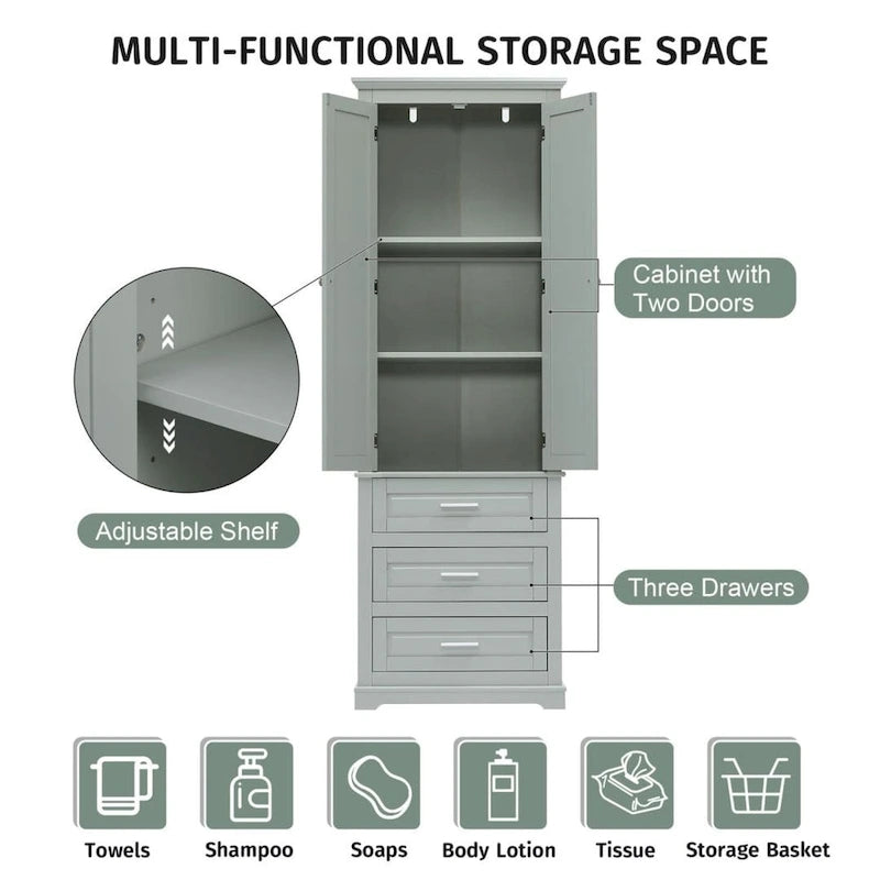 Tall Storage Cabinet with Three Drawers for Bathroom