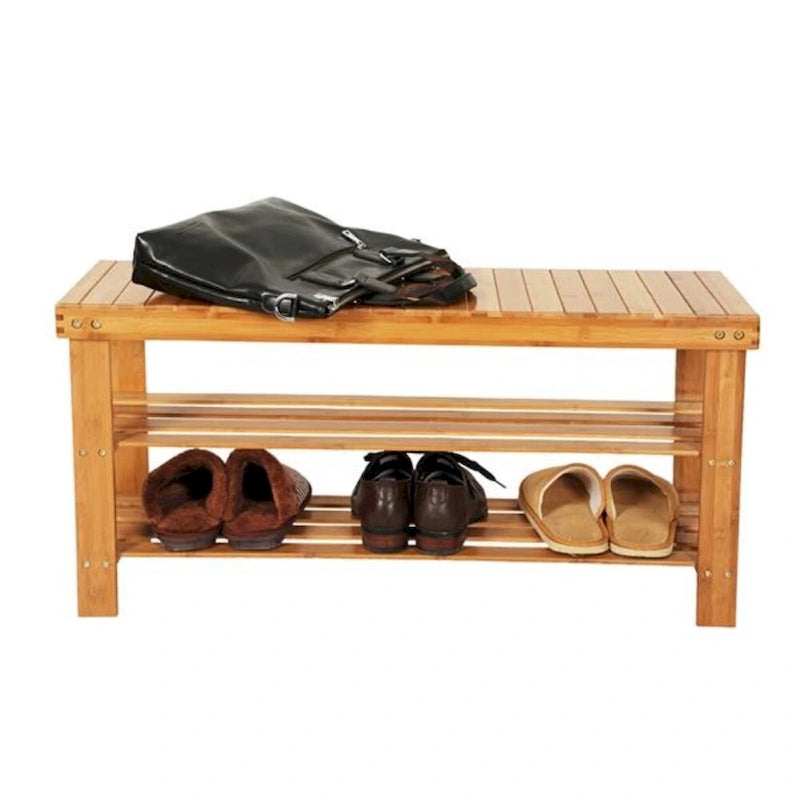 Scarpiera in bambù a 3 ripiani con motivo a strisce da 90 cm, color legno - 35.43 x 11.02 x 17.72