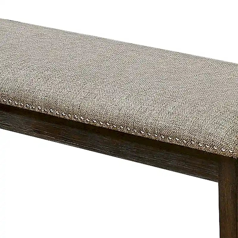 Panca imbottita in tessuto con bordino a borchie e gambe affusolate, grigio ed espresso