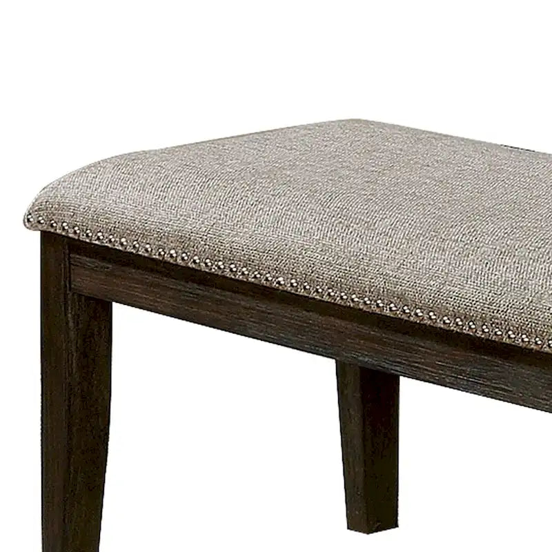 Fabric Upholstered Bench with Nailhead Trim and Tapered Legs, Gray and Espresso