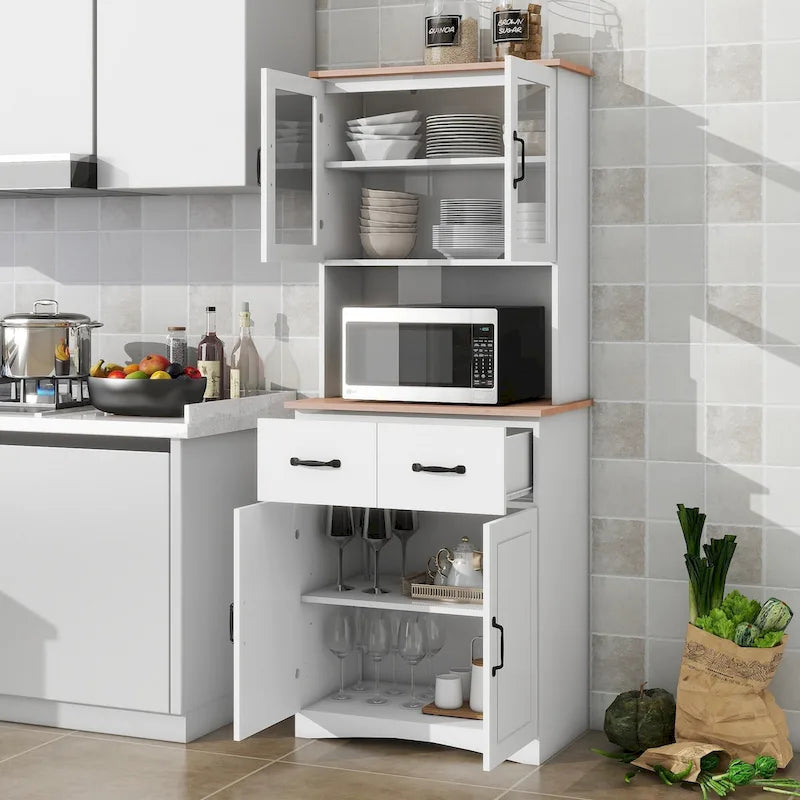 Armário de cozinha em madeira, branco, para despensa e arrumação, com espaço para micro-ondas, portas de vidro com moldura e gaveta