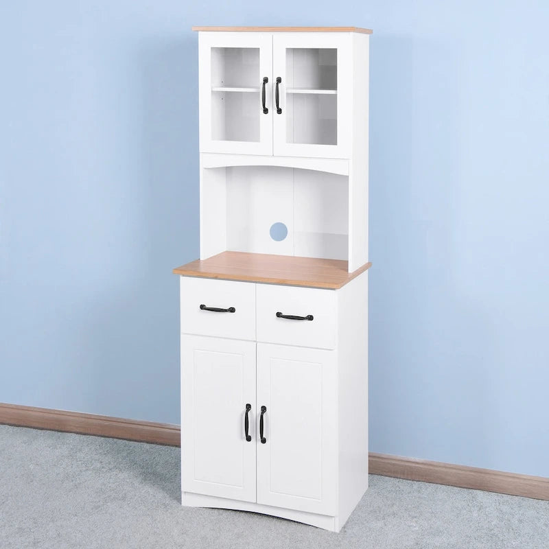 Armário de cozinha em madeira, branco, para despensa e arrumação, com espaço para micro-ondas, portas de vidro com moldura e gaveta