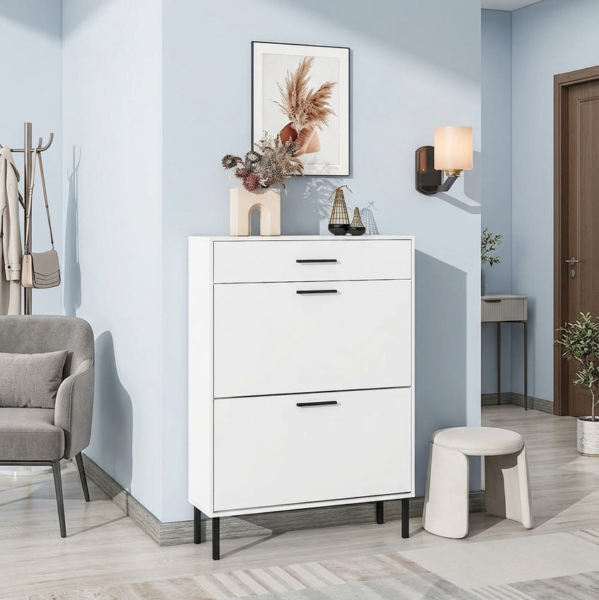 Shoe Cabinet, Freestanding Rack Storage Organizer with Drawers & Metal Legs, Storage Cabinet with 2 Flip Drawers for Entryway