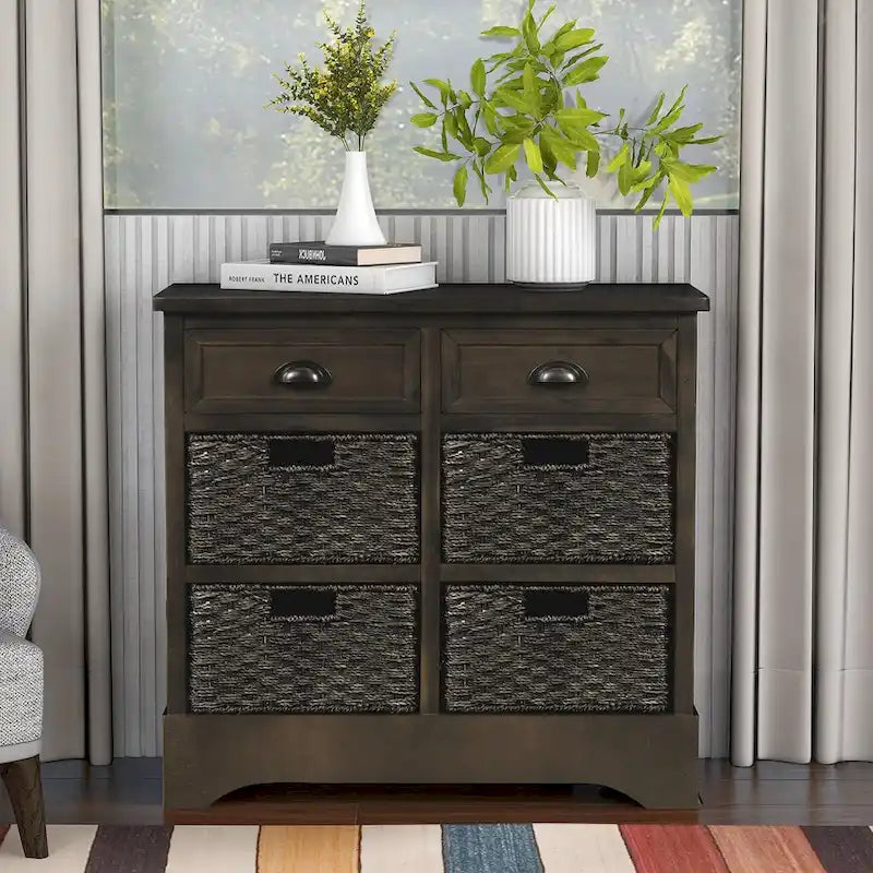Rustic Storage Cabinet with Two Drawers and Four Classic Rattan Basket for Dining Room/Living Room