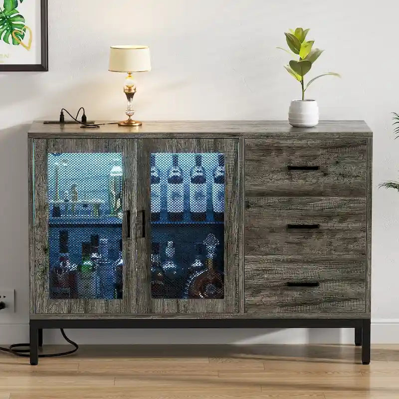 Holz-Sideboard, Buffetschrank, Akzent- und Barschrank mit Ladestation und LED-Leuchten - 45.27 W