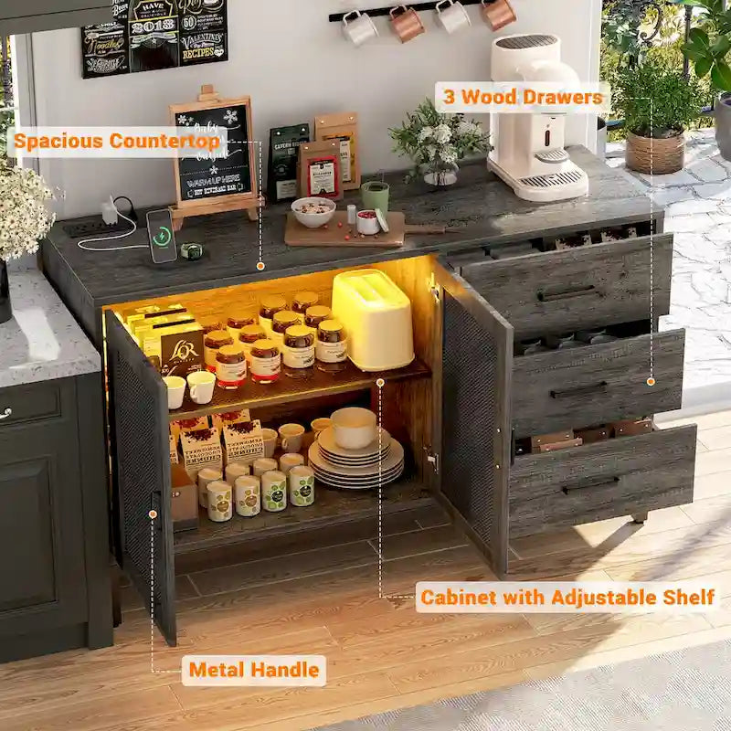 Houten sideboard, buffetkast, accentkast en barkast met laadstation en ledverlichting - 45.27 W