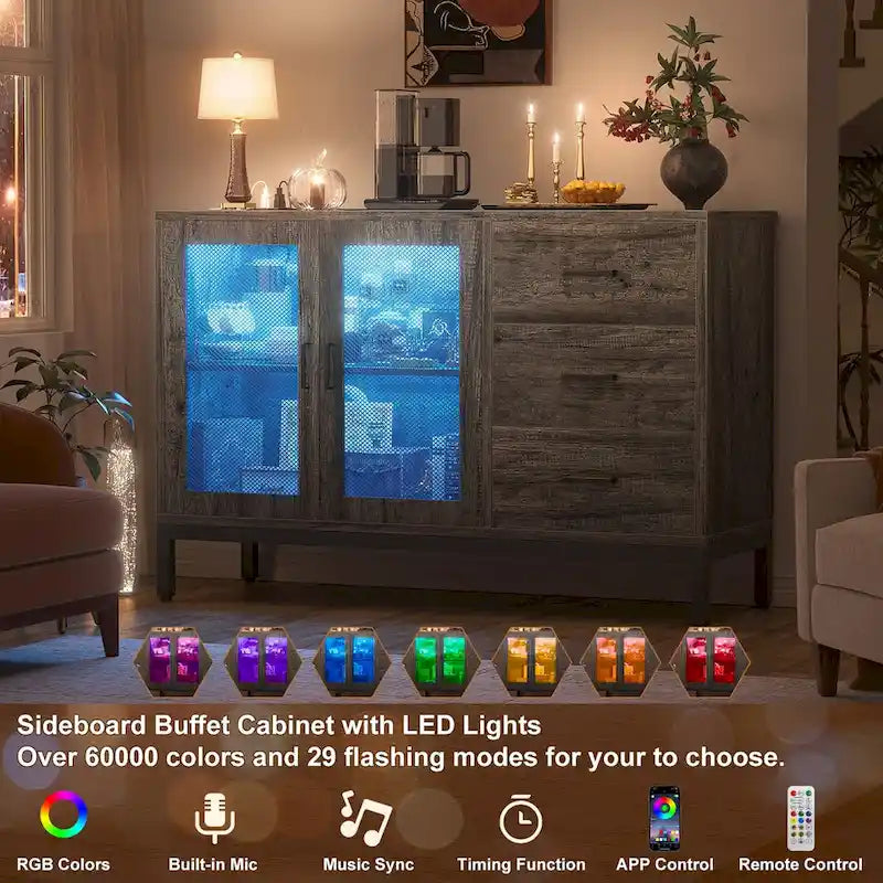 Houten sideboard, buffetkast, accentkast en barkast met laadstation en ledverlichting - 45.27 W