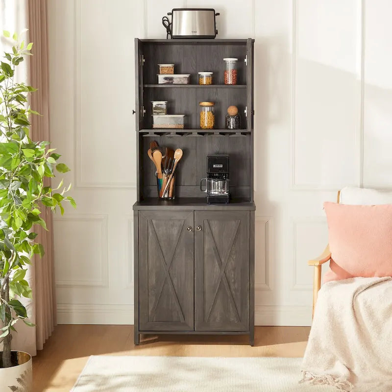 Armário de bar para café com suporte para micro-ondas, estrutura metálica lateral, armário de bar para casa com design de madeira vazada estilo celeiro