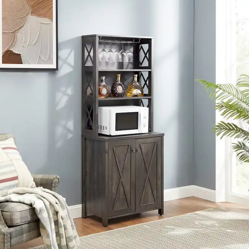 Armário de bar para café com suporte para micro-ondas, estrutura metálica lateral, armário de bar para casa com design de madeira vazada estilo celeiro