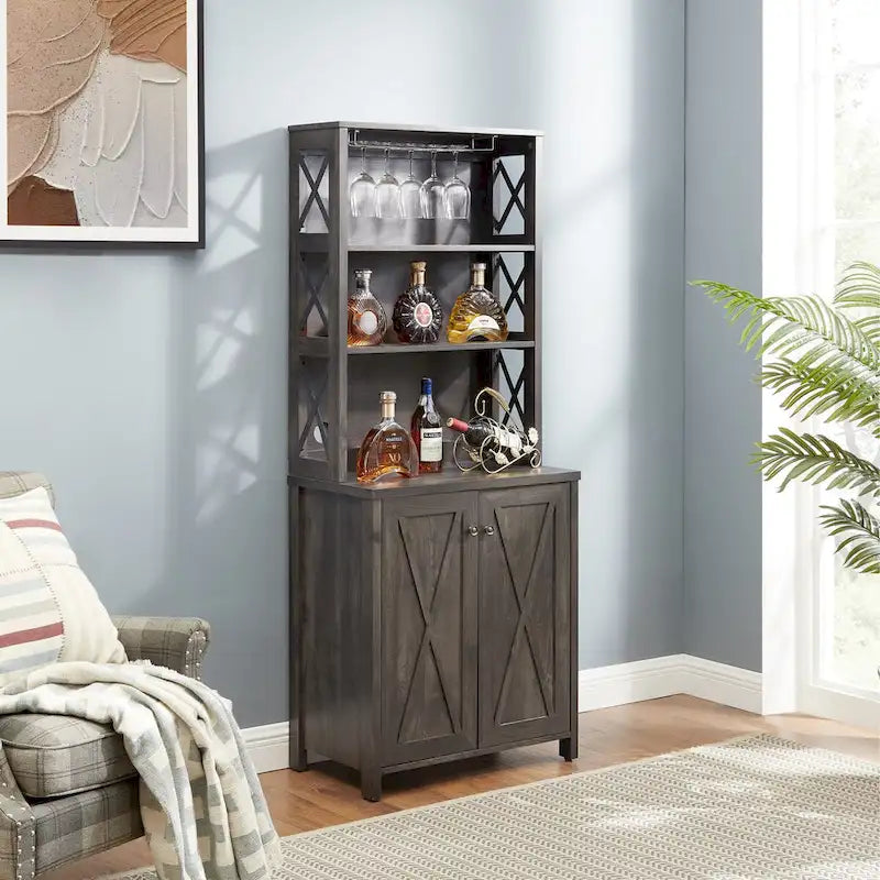 Armário de bar para café com suporte para micro-ondas, estrutura metálica lateral, armário de bar para casa com design de madeira vazada estilo celeiro