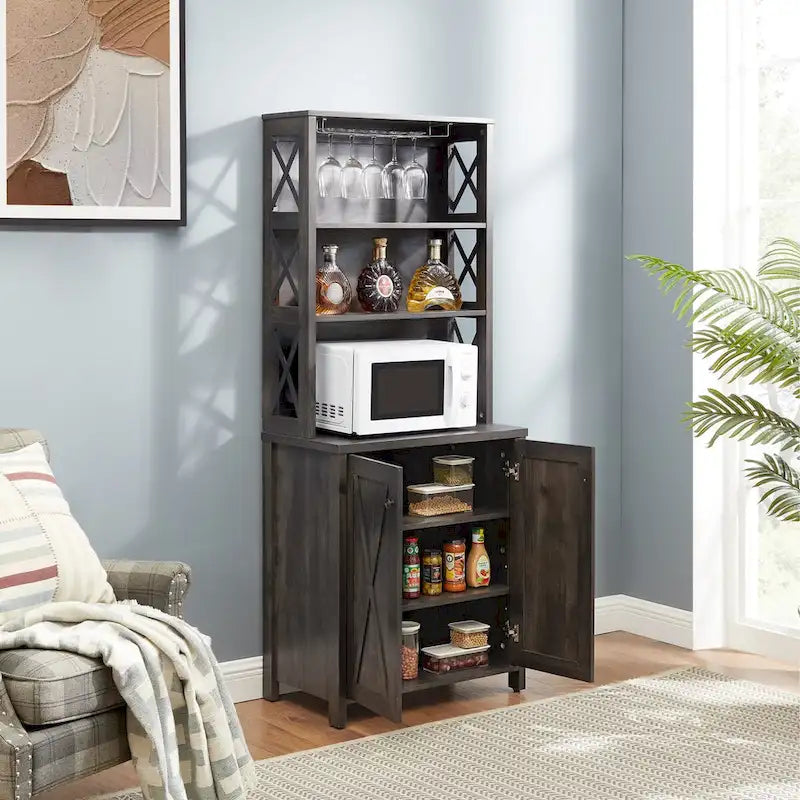 Armário de bar para café com suporte para micro-ondas, estrutura metálica lateral, armário de bar para casa com design de madeira vazada estilo celeiro