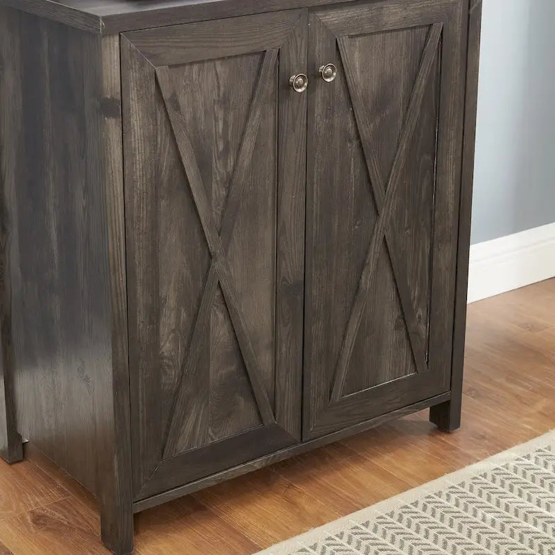 Armário de bar para café com suporte para micro-ondas, estrutura metálica lateral, armário de bar para casa com design de madeira vazada estilo celeiro