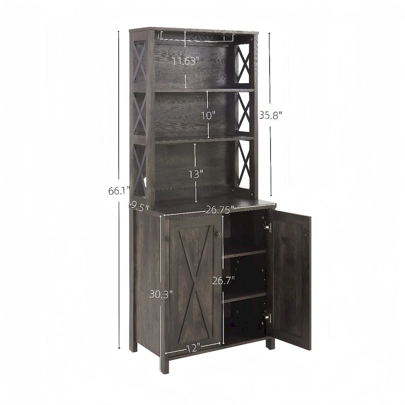 Armário de bar para café com suporte para micro-ondas, estrutura metálica lateral, armário de bar para casa com design de madeira vazada estilo celeiro
