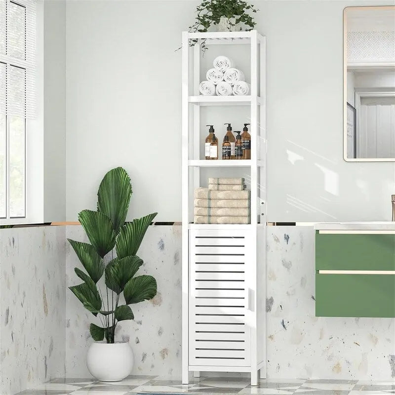 Organizador de chão estreito com 6 níveis e 67 polegadas de altura, porta veneziana e prateleiras abertas - 12.99D x 13.39W x 66.54H